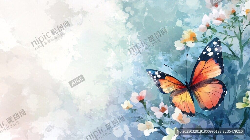 梦幻蝴蝶伴繁花背景图