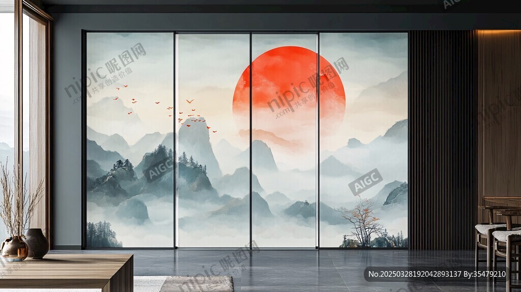 中式山水红日屏风装饰画