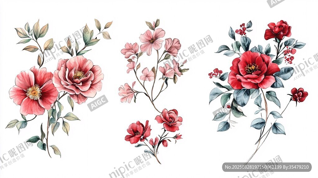 复古风手绘花卉插画素材