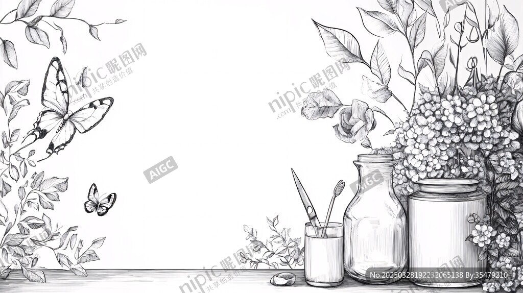 手绘植物与瓶罐的静谧场景