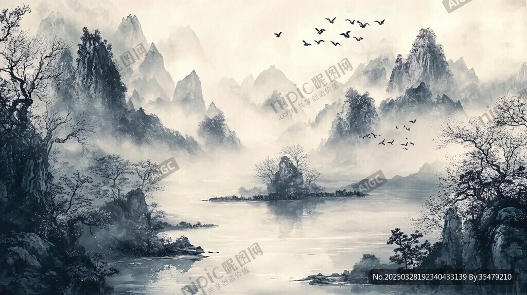 水墨山水间飞鸟掠过