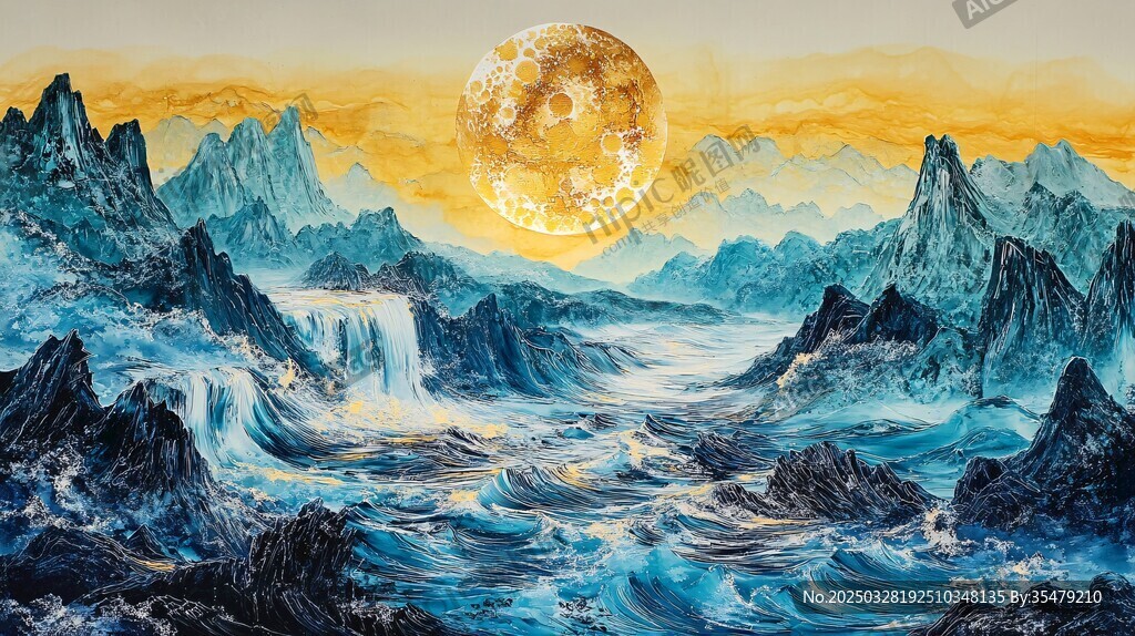 梦幻山海间的金色圆月