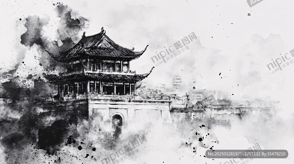 水墨古风楼阁意境图
