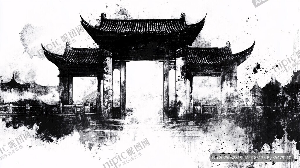 水墨古风牌坊意境图