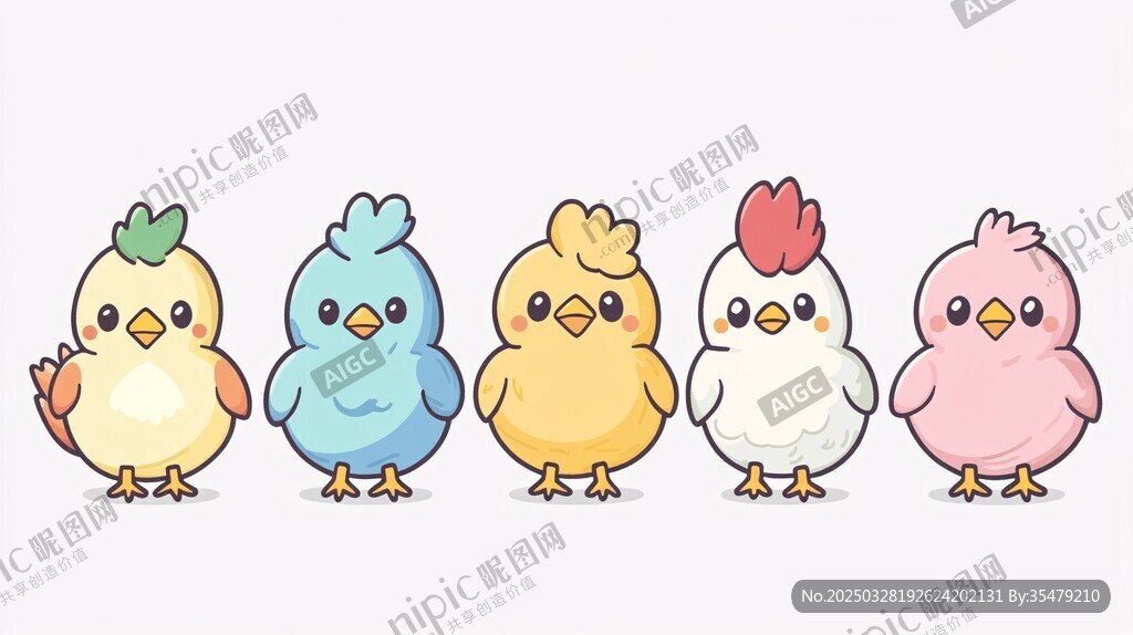 一排可爱多彩小鸡形象