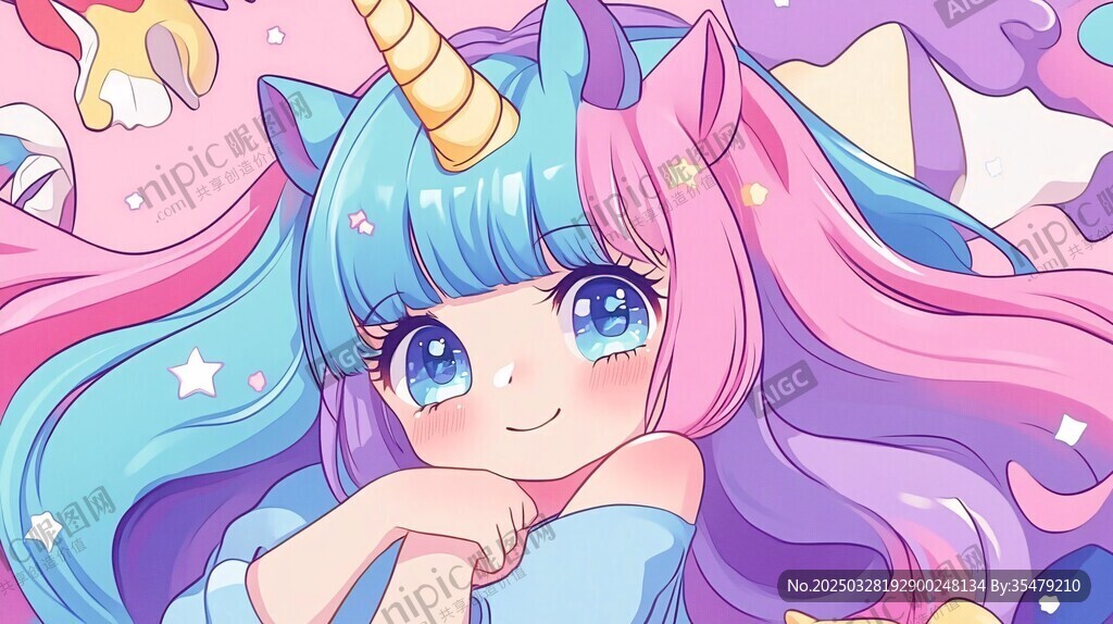 梦幻独角兽少女插画