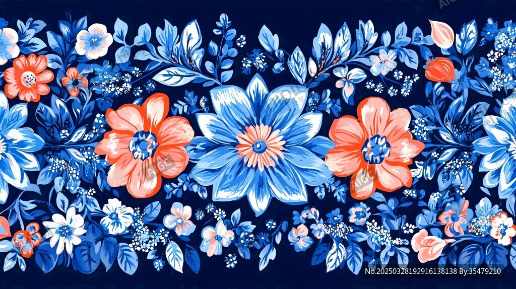 蓝色花卉边框图案设计