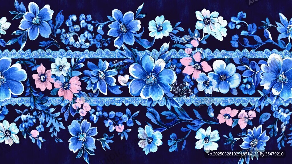 蓝粉花卉图案的精美织物