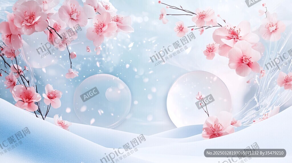 梦幻粉色樱花雪景背景图