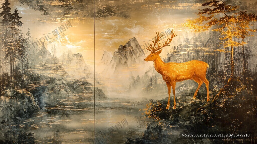 金色麋鹿立山水间美景