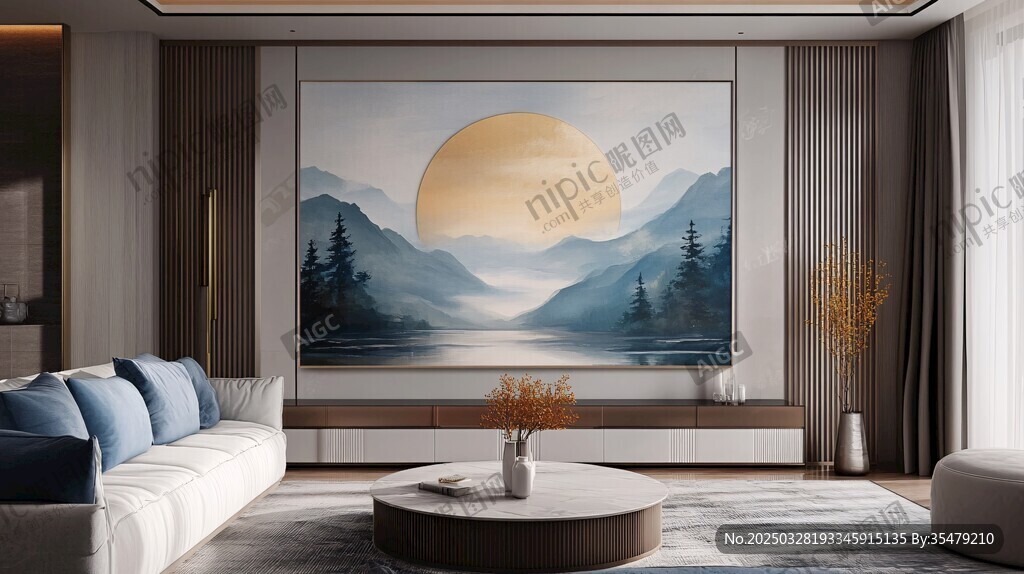现代客厅的山水壁画之美