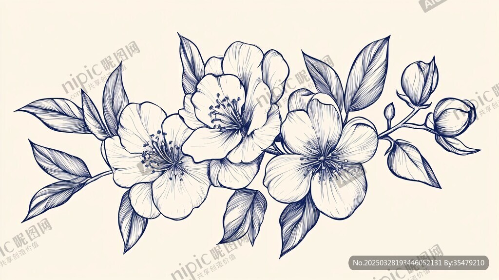 手绘蓝调花卉图案