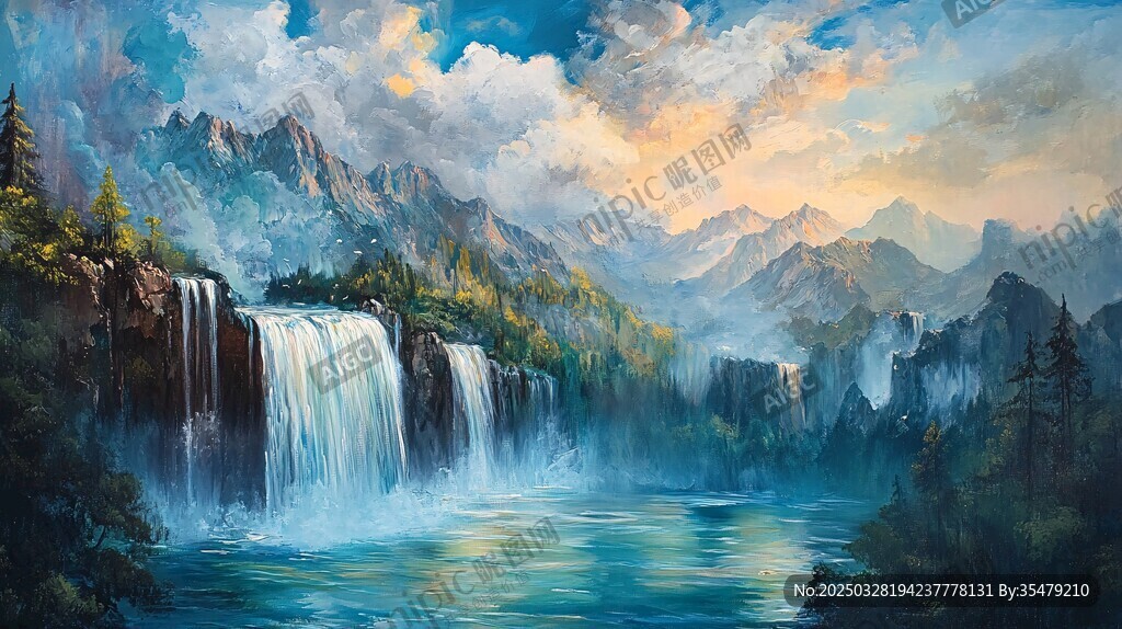壮丽山间瀑布景观油画