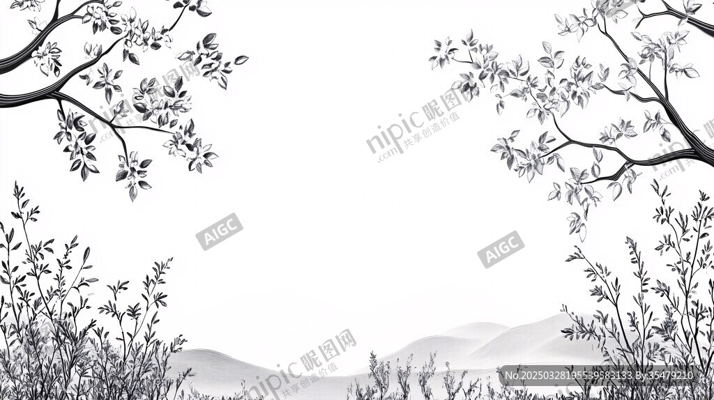 水墨风树枝山峦背景图