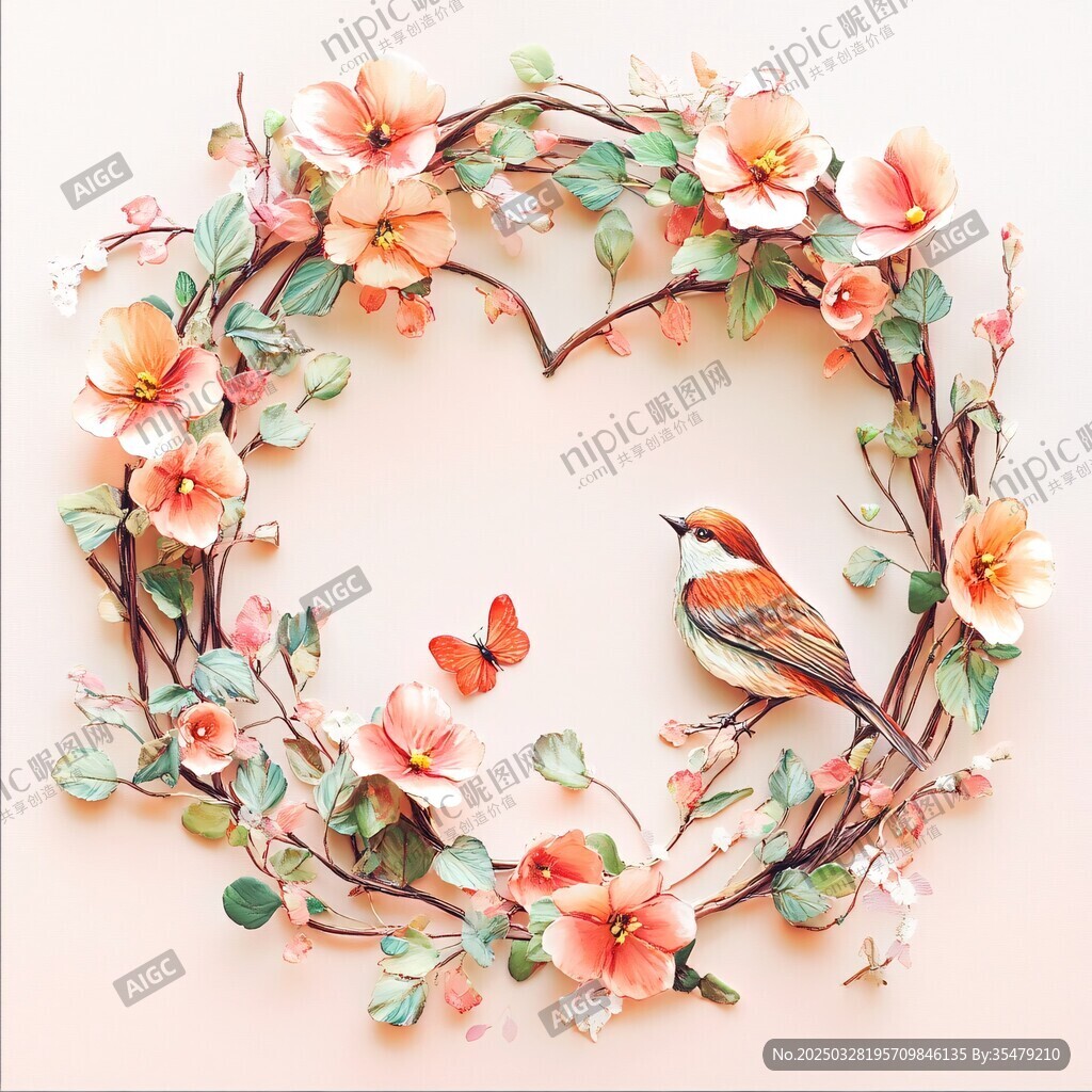 花朵鸟蝶组成的浪漫花环