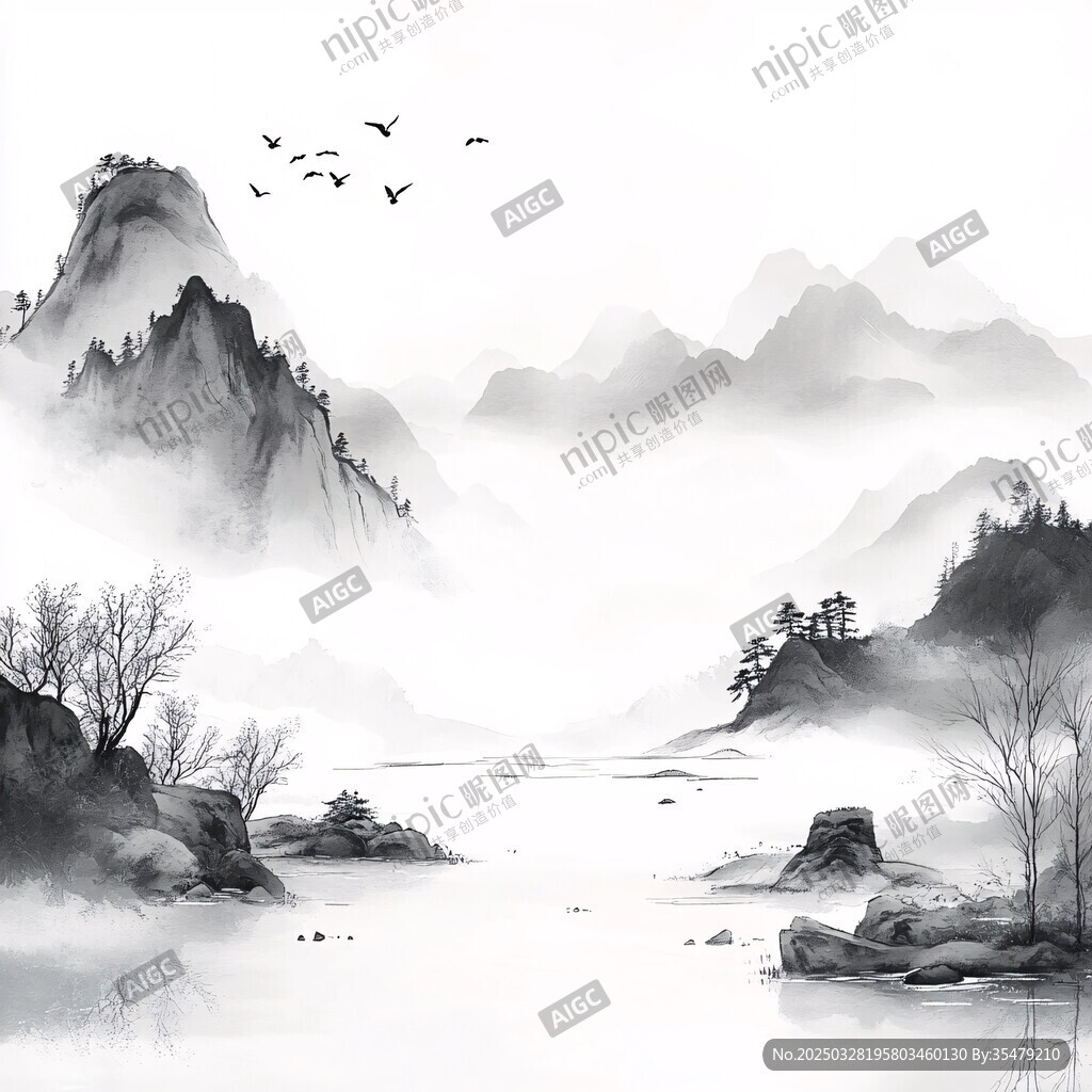水墨山水间飞鸟绕峰图
