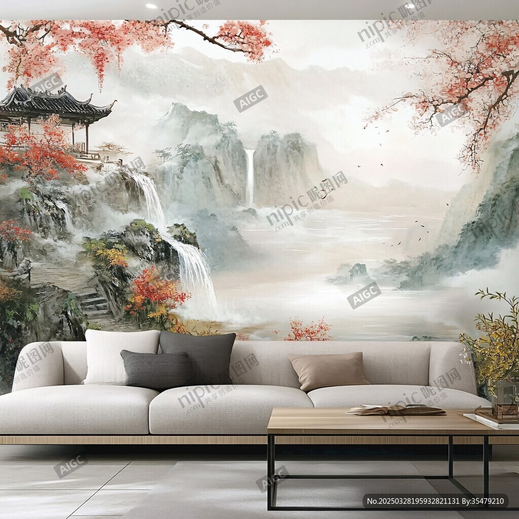 中式山水客厅背景墙装饰图