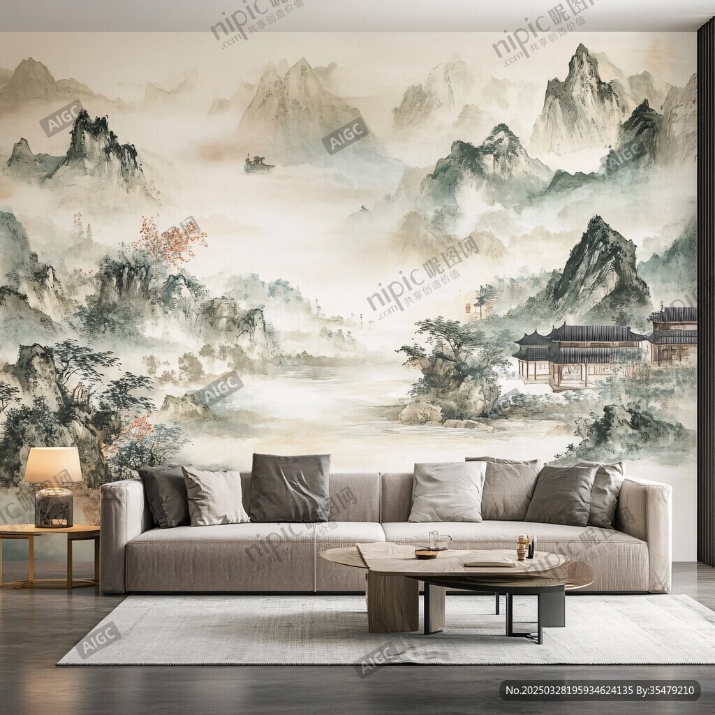 中式山水客厅背景墙装饰