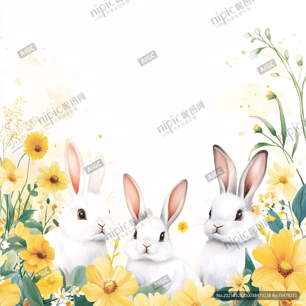 花丛中的三只可爱小白兔