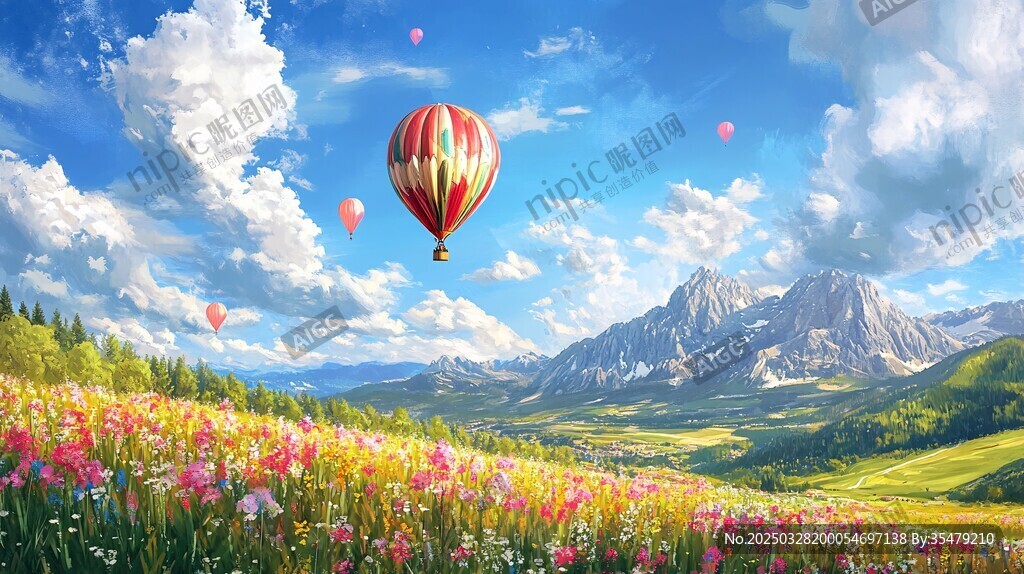 梦幻花海中的热气球之旅
