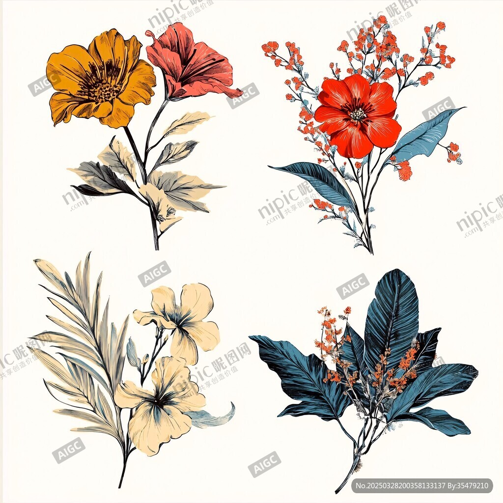 复古风花卉植物插画图案