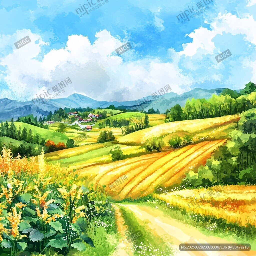 田园风光水彩画中的美景