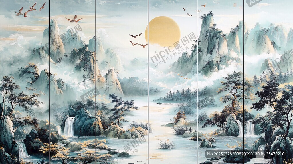 中式山水画卷 旭日飞鸟景