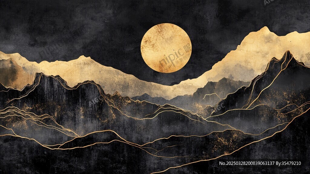 黑金山水间的皎洁圆月