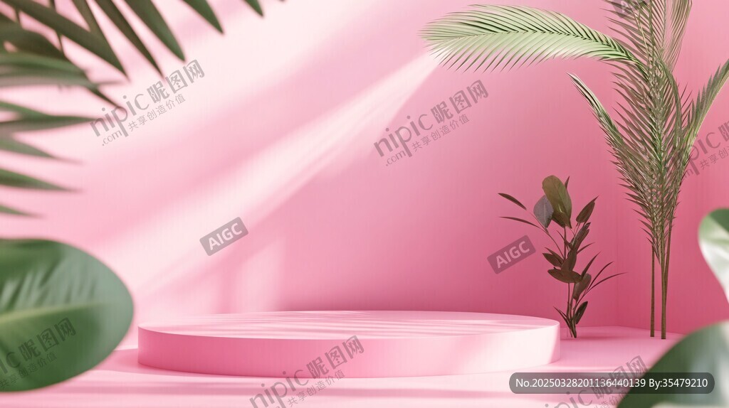 粉色场景中的植物与展示台