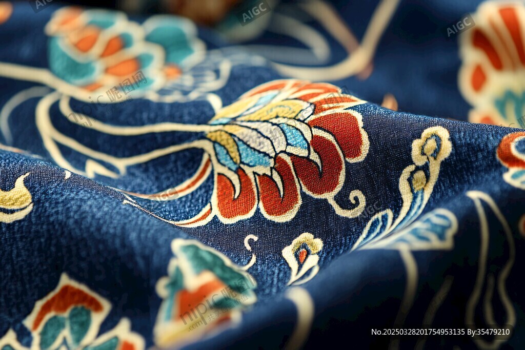 蓝色织锦花卉图案布料