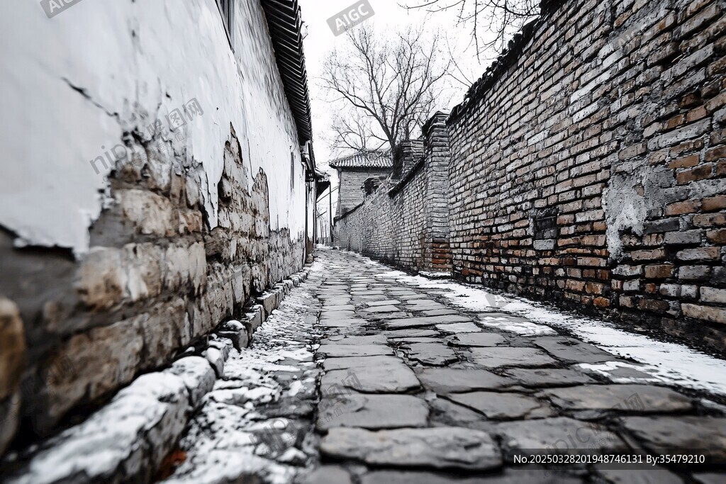 雪覆古巷石板路