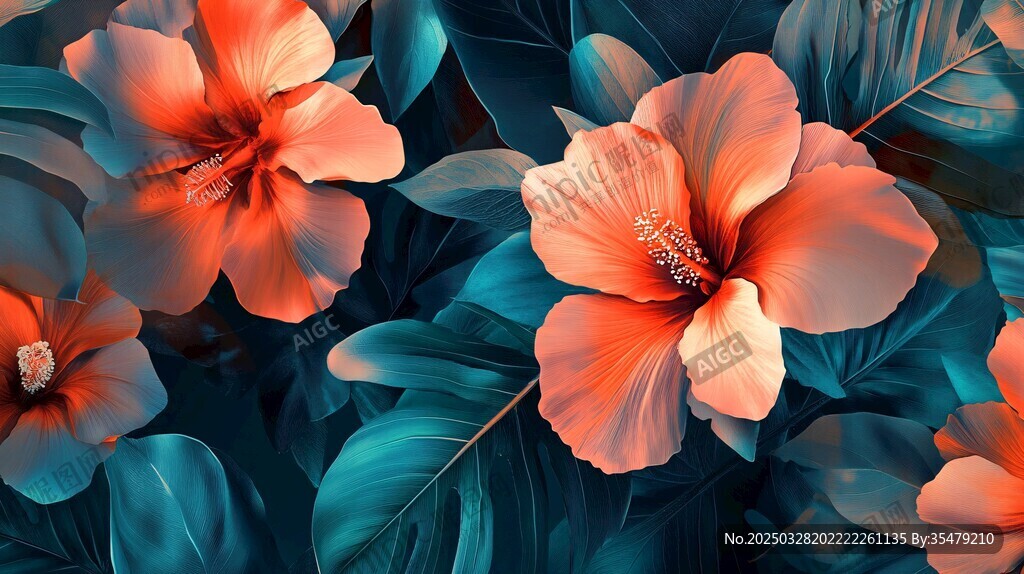 橙红扶桑花与绿叶插画