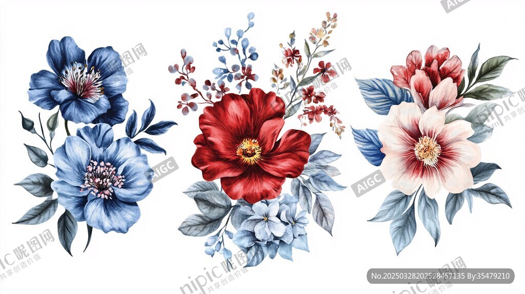 三色花卉插画设计素材