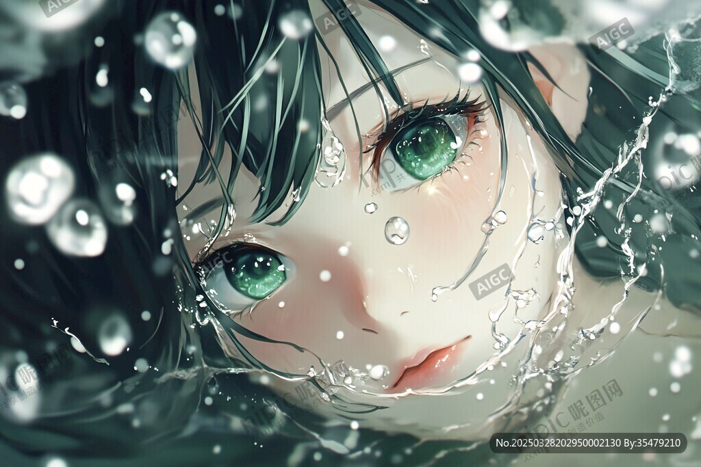 水中少女 灵动绿眸与水滴