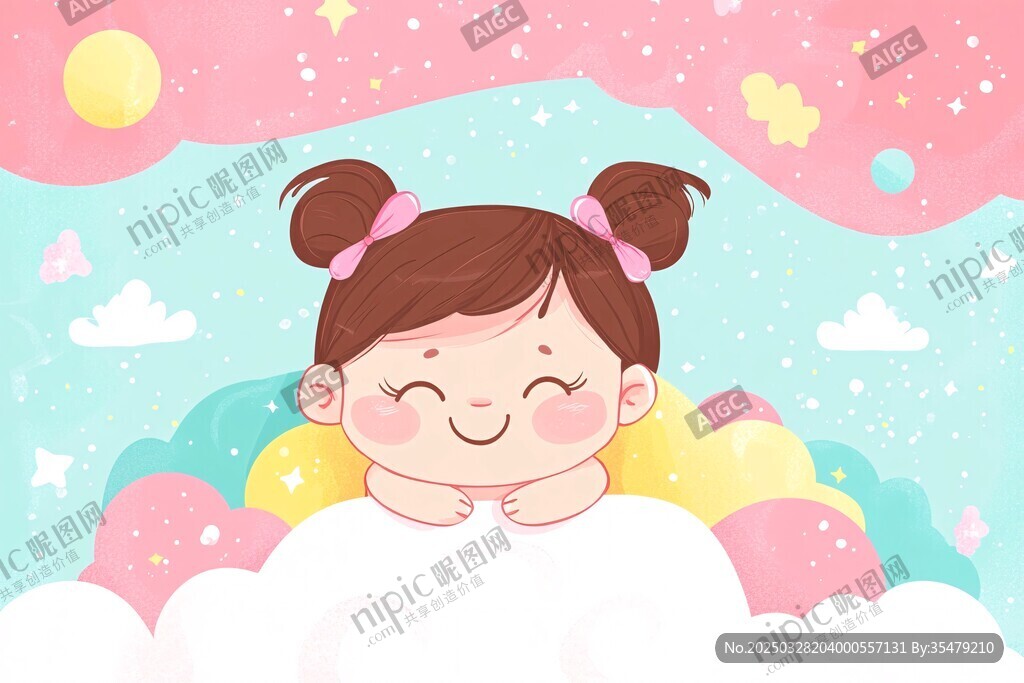 可爱女孩置身梦幻云朵中