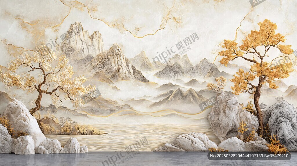 金色山水景 双树立江畔
