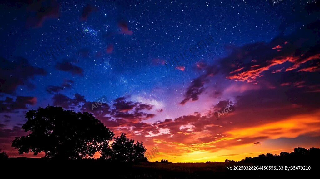 夕阳星空下的静谧树木