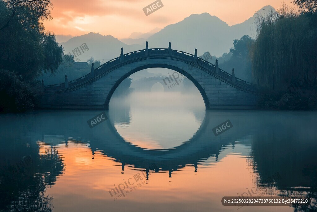 古桥映日 湖光山色之景