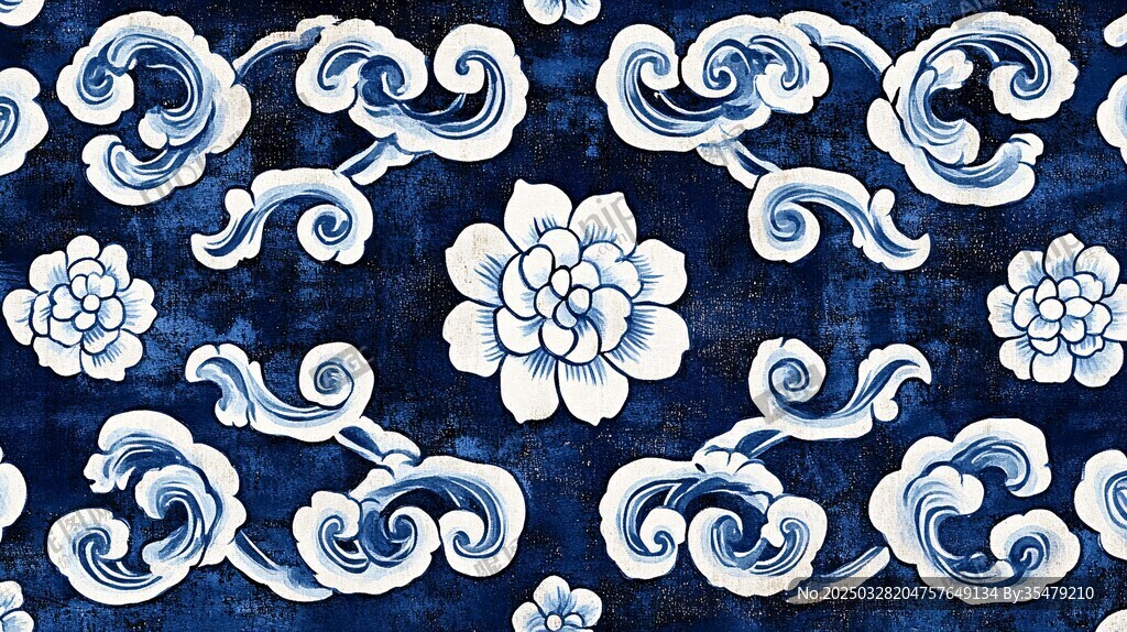 蓝白中式花卉云纹图案