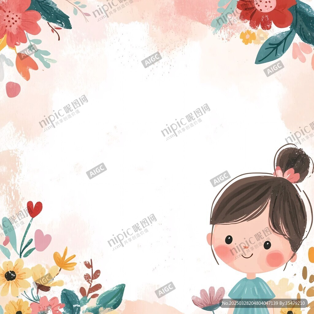 可爱女孩与缤纷花卉背景