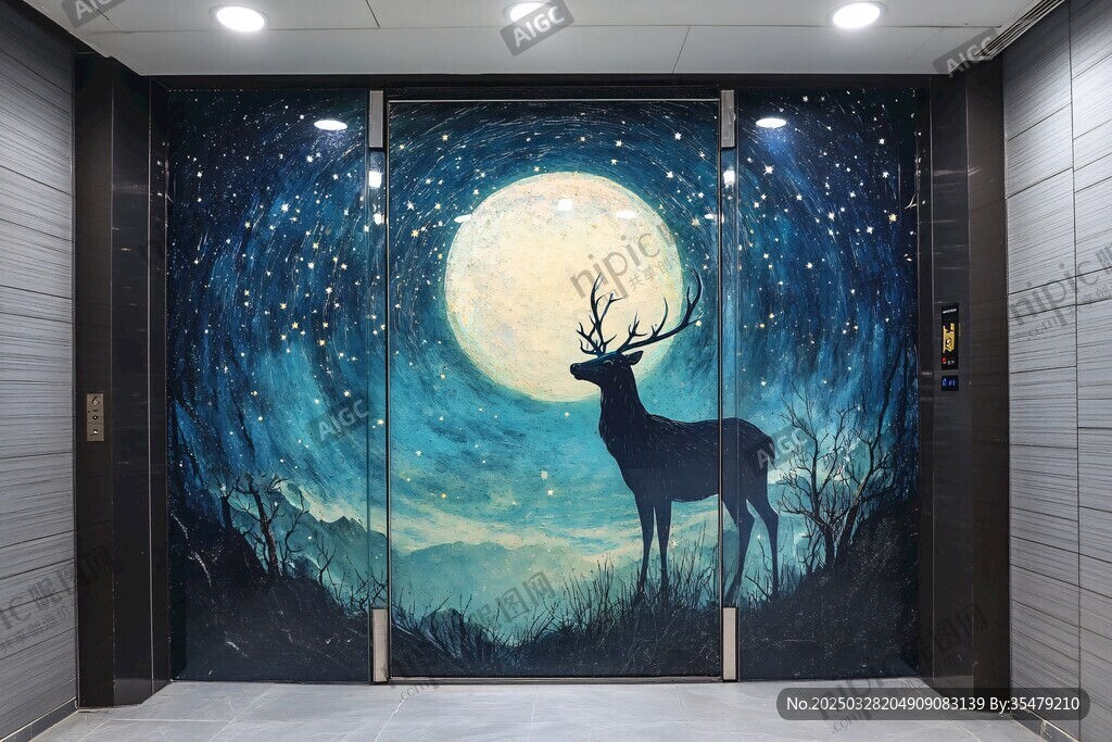 月夜麋鹿梦幻墙绘