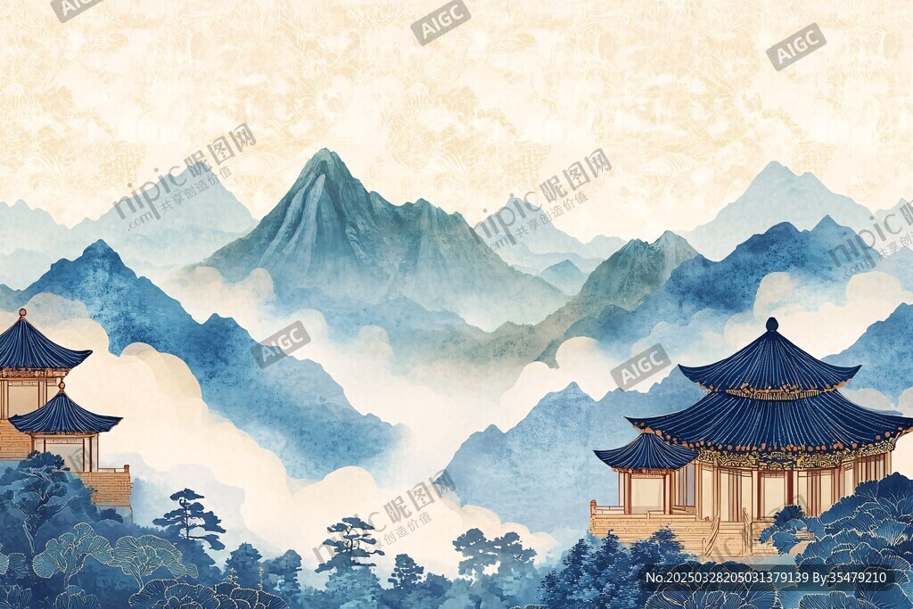 水墨山水间的古典楼阁