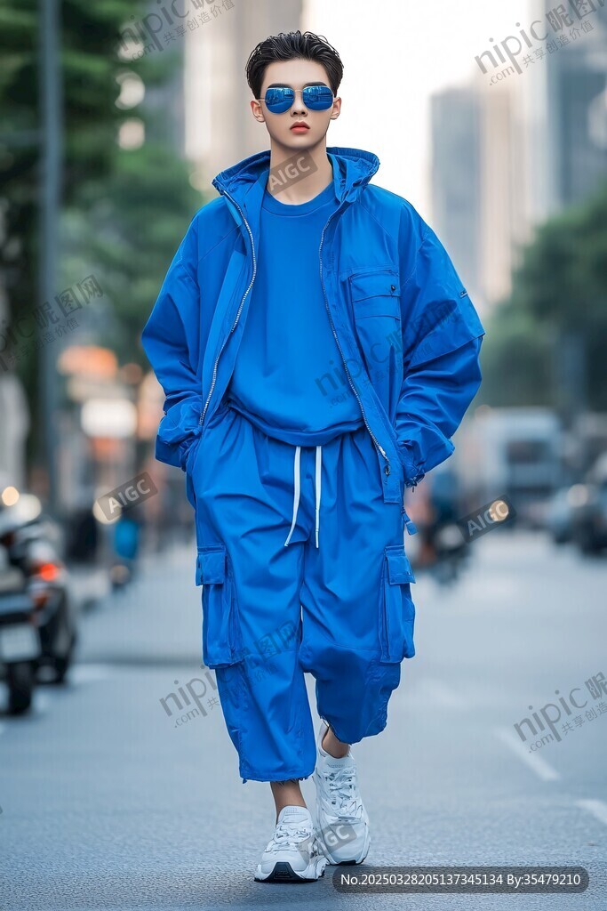 街头时尚 蓝色系穿搭型男