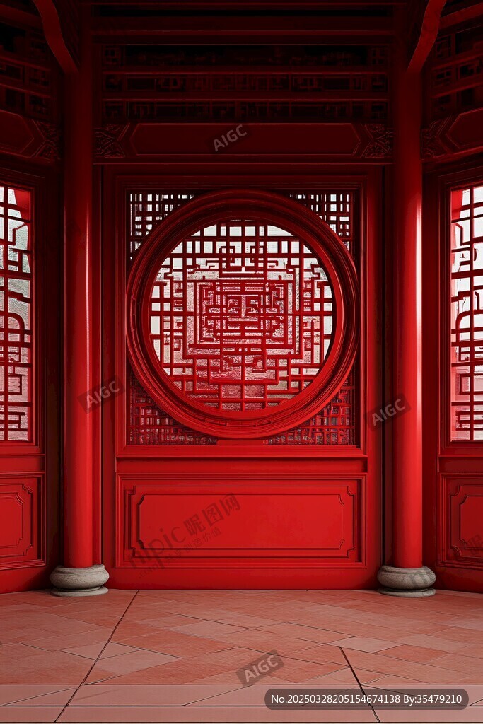 中式红门窗棂的典雅景致