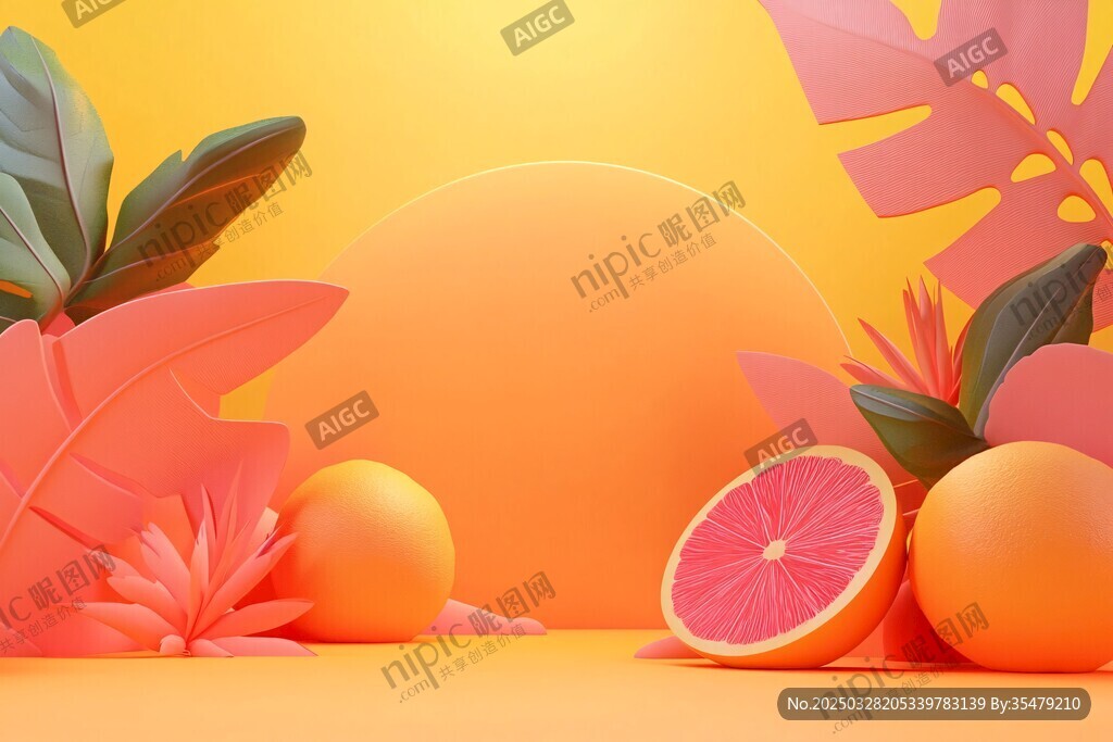 橙黄世界里的水果与花叶