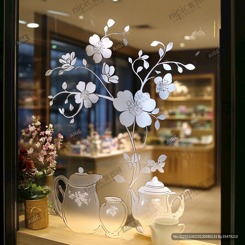 橱窗里的唯美花卉茶具组合