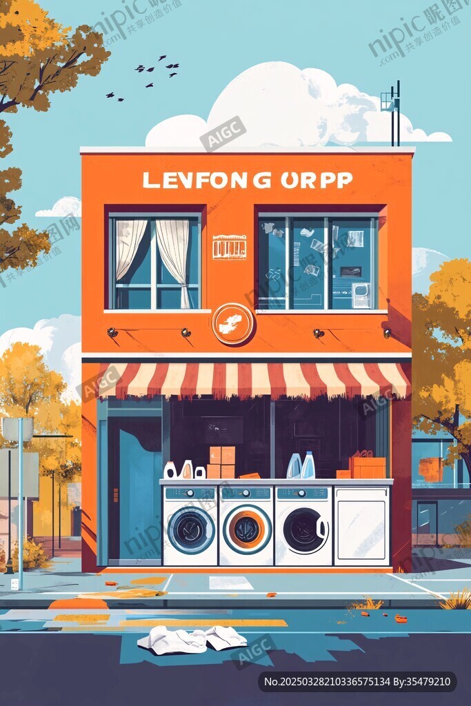 街边洗衣店插画场景