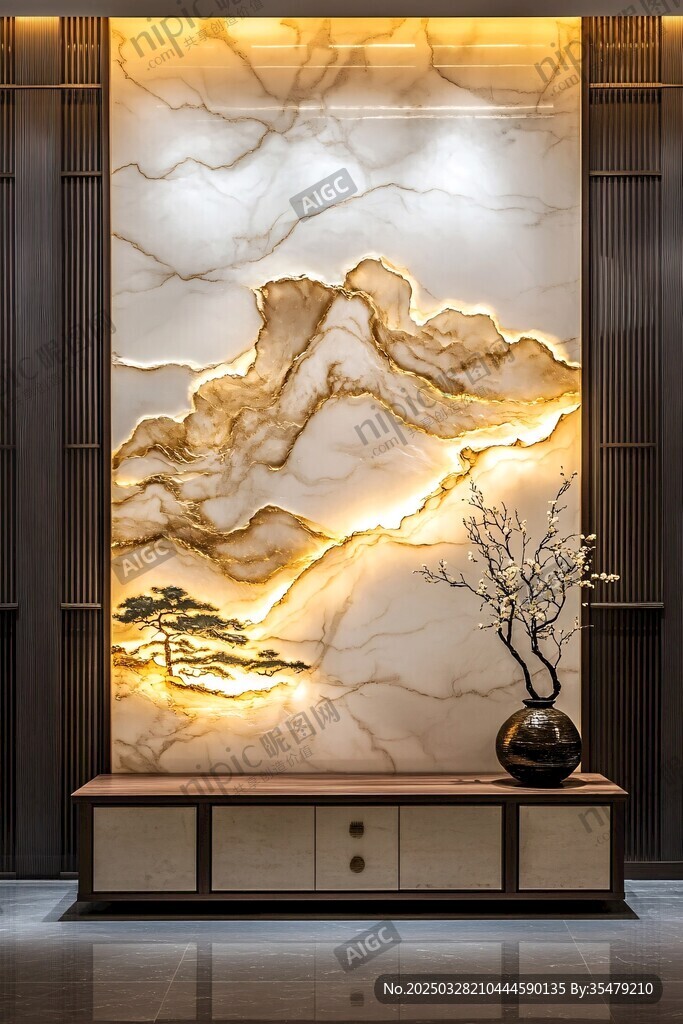 中式山水大理石背景墙装饰