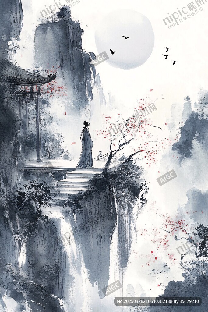 月下独倚崖畔的古风身影