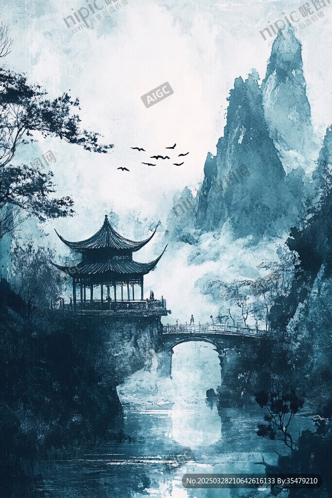 水墨山水间的古韵亭桥